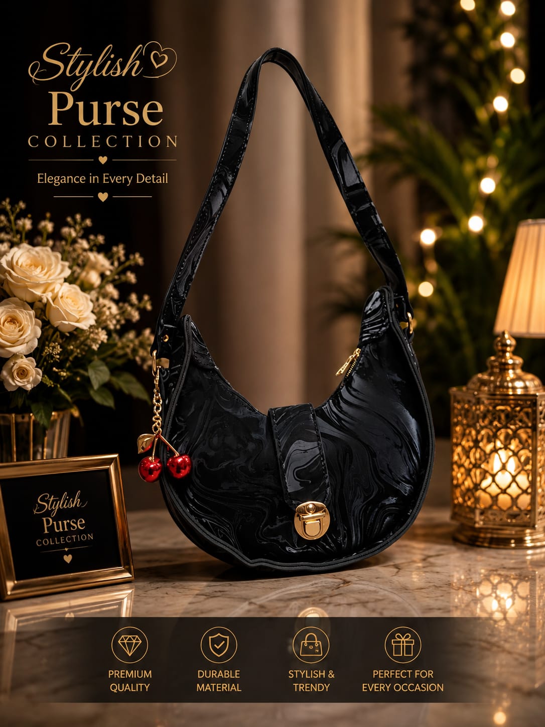 Midnight Luxe Half Moon Shoulder Bag – Black