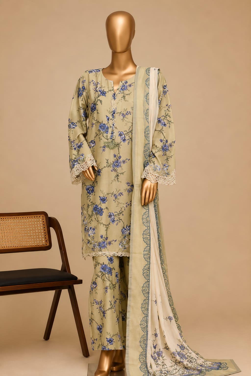 SADABAHAR Premium Beige & Blue Floral 3-Piece Suit
