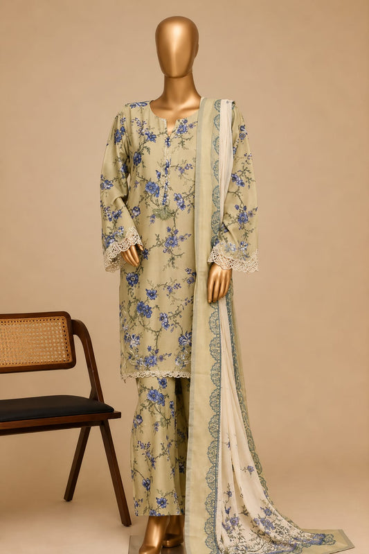 SADABAHAR Premium Beige & Blue Floral 3-Piece Suit
