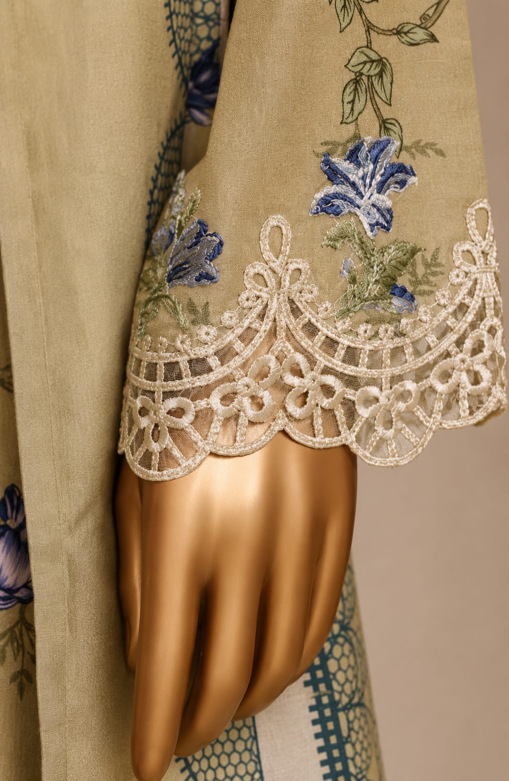 SADABAHAR Premium Beige & Blue Floral 3-Piece Suit