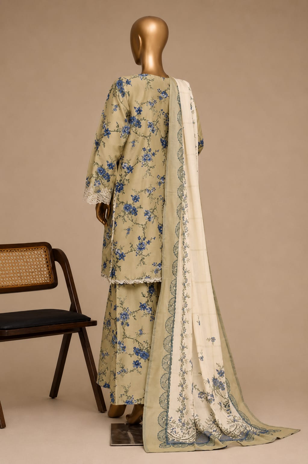SADABAHAR Premium Beige & Blue Floral 3-Piece Suit