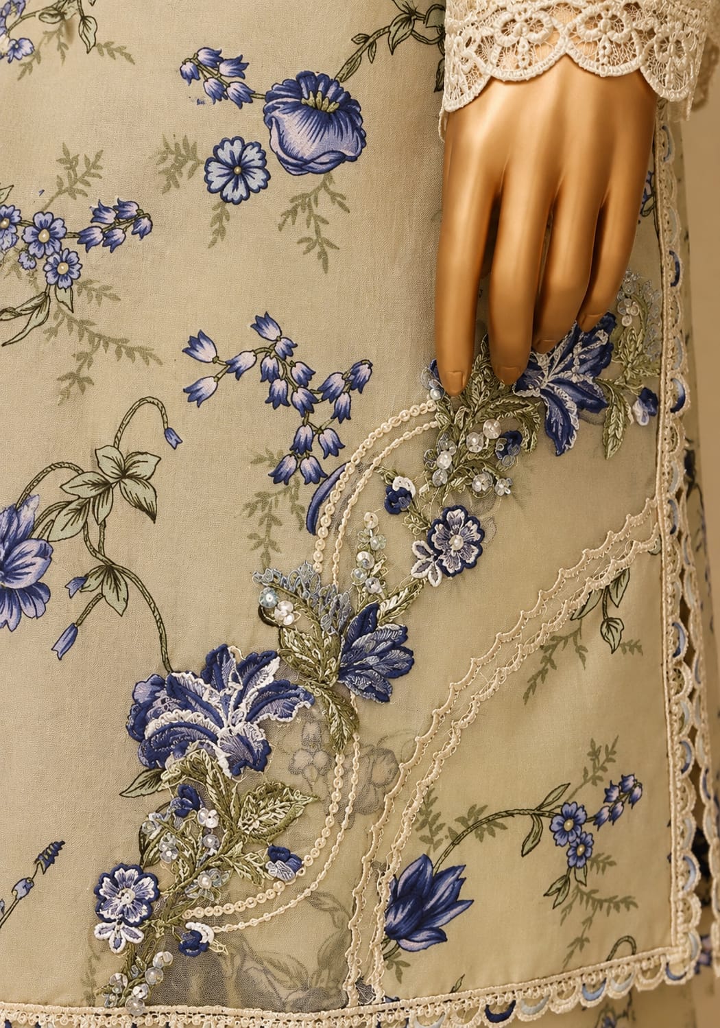 SADABAHAR Premium Beige & Blue Floral 3-Piece Suit