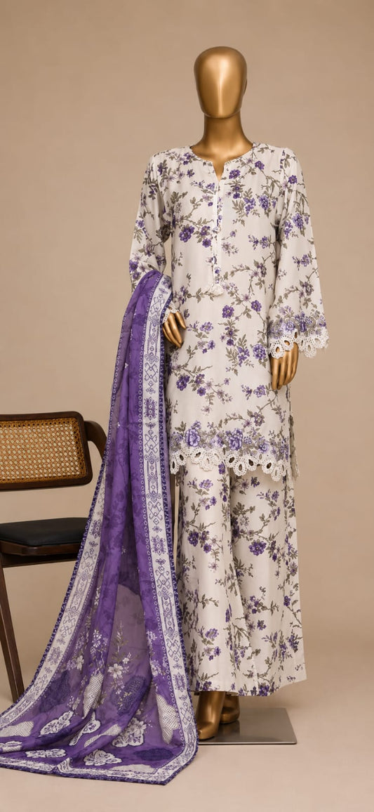 SADABAHAR Premium White & Lavender Floral 3-Piece Suit