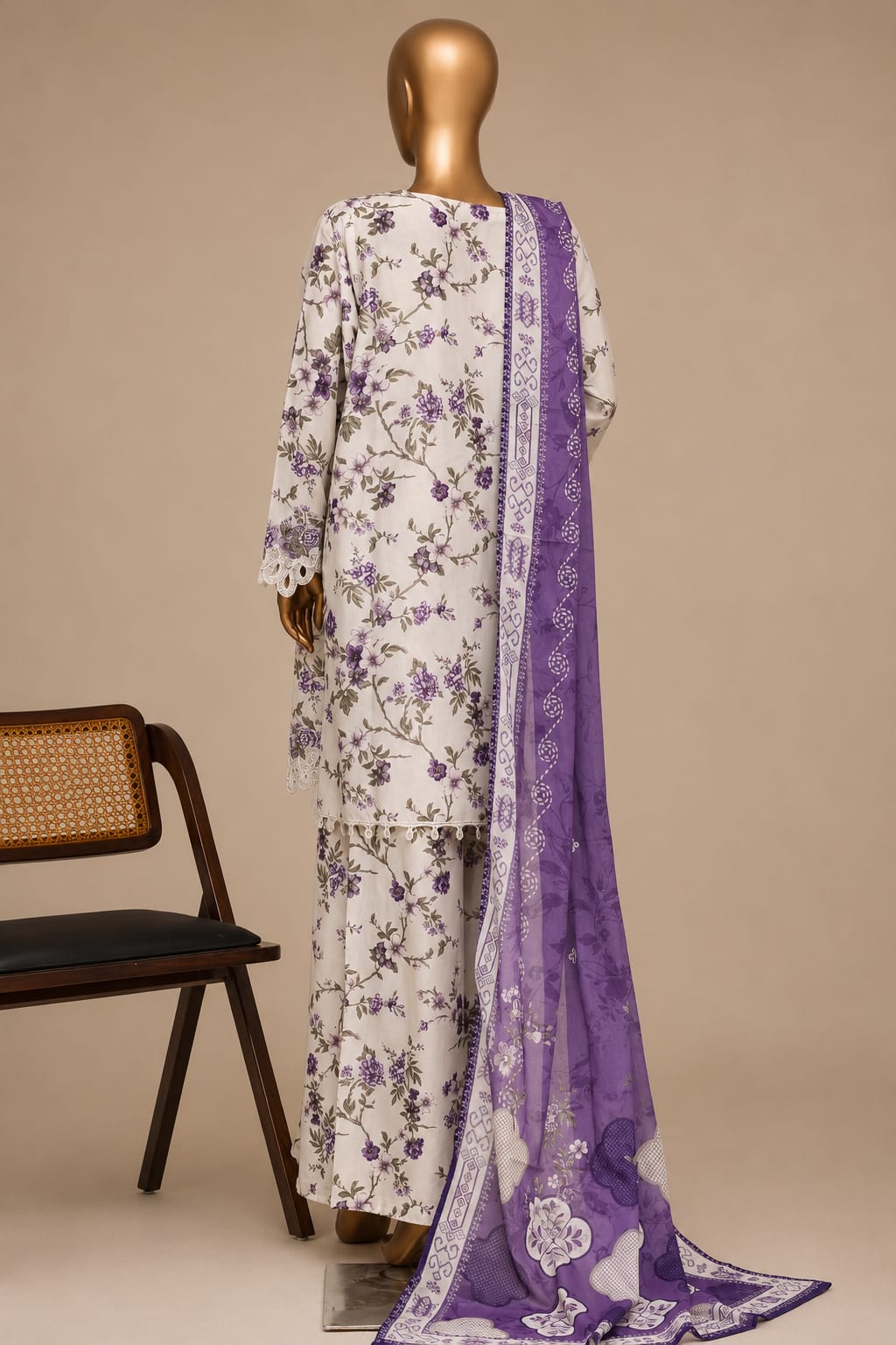 SADABAHAR Premium White & Lavender Floral 3-Piece Suit