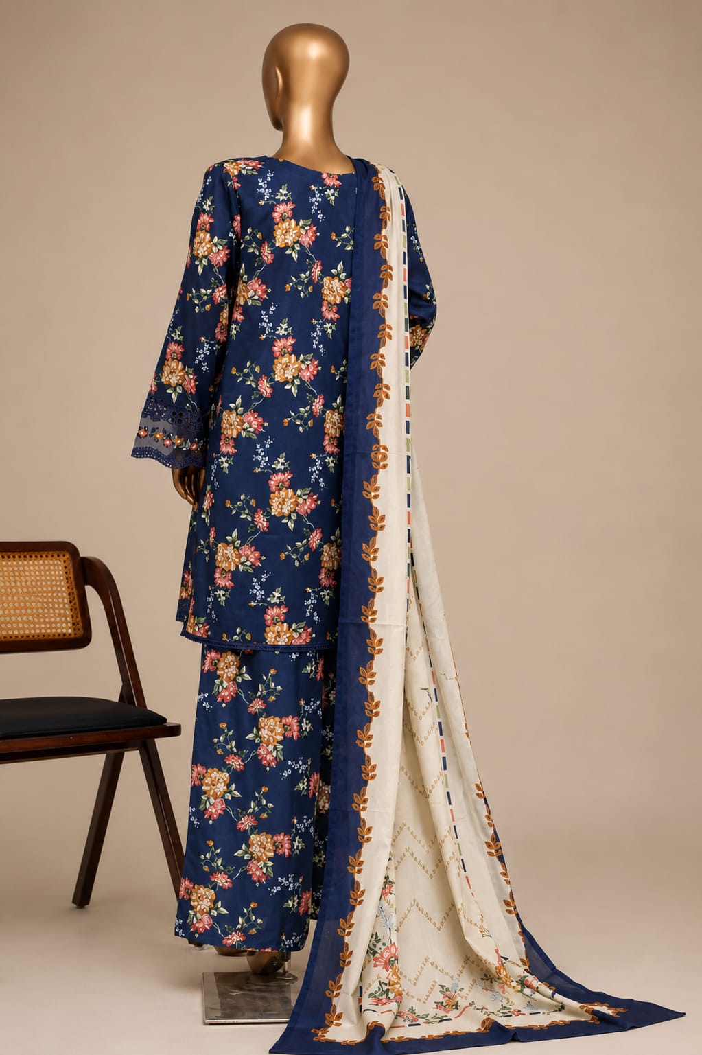 SADABAHAR Premium Navy Blue Floral 3-Piece Suit