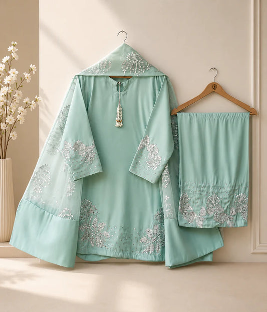 Mint Elegance Luxury Embroidered Stitched 3-Piece Suit