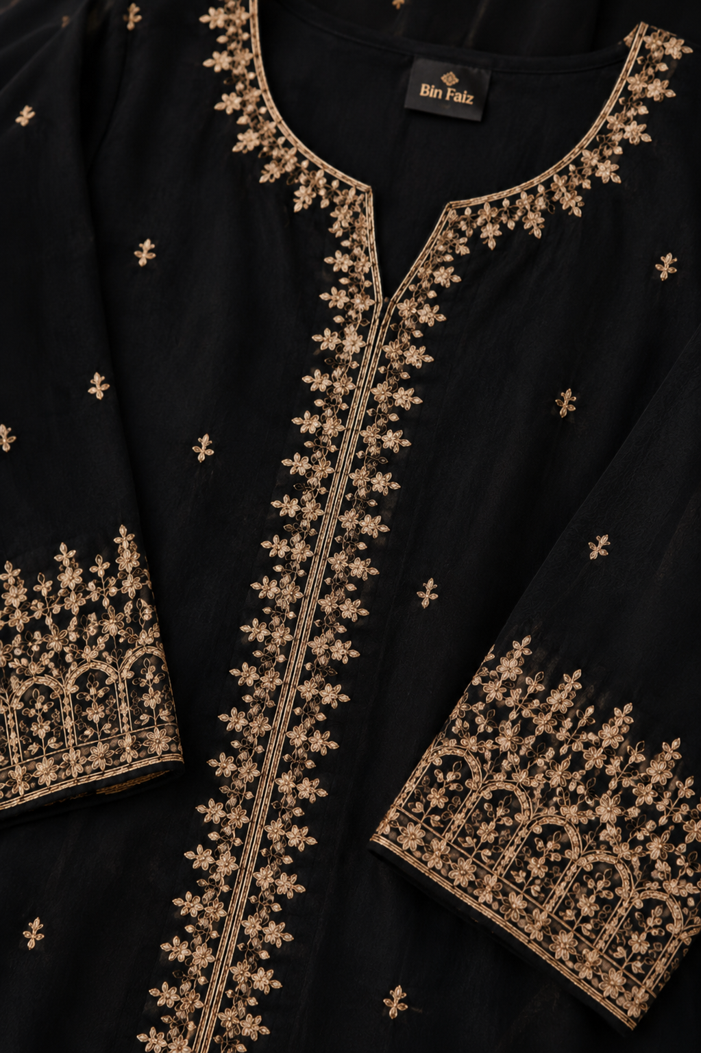 Luxury Black 3 Piece Stitched Suit – Premium Gold Embroidered Shirt with Elegant Dupatta & Wide-Leg Trouser | Festive Collection 2026