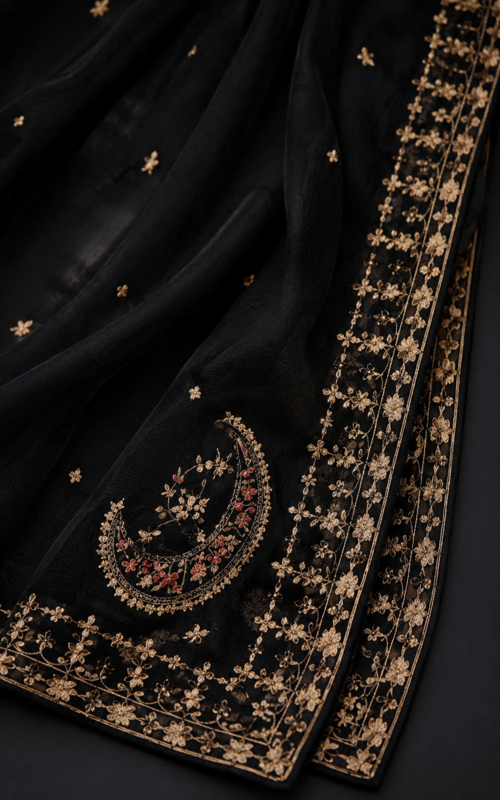 Luxury Black 3 Piece Stitched Suit – Premium Gold Embroidered Shirt with Elegant Dupatta & Wide-Leg Trouser | Festive Collection 2026