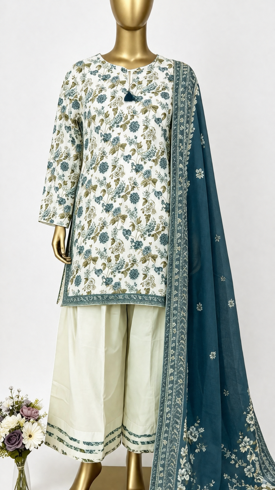 Teal Bloom Printed 3 Piece Suit with Farshi Shalwar