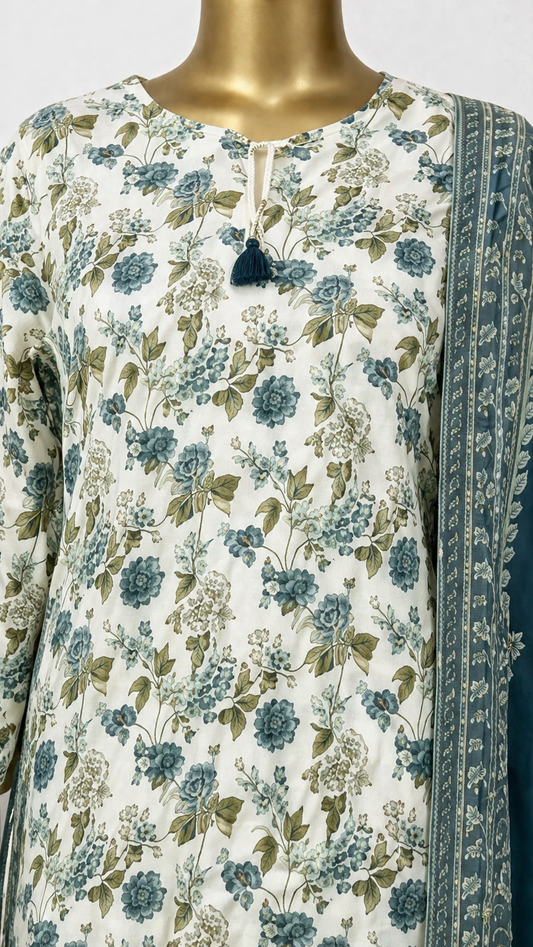 Teal Bloom Printed 3 Piece Suit with Farshi Shalwar