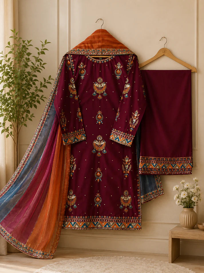 Zarqash Maroon – Premium Embroidered 3 Piece Lawn Suit