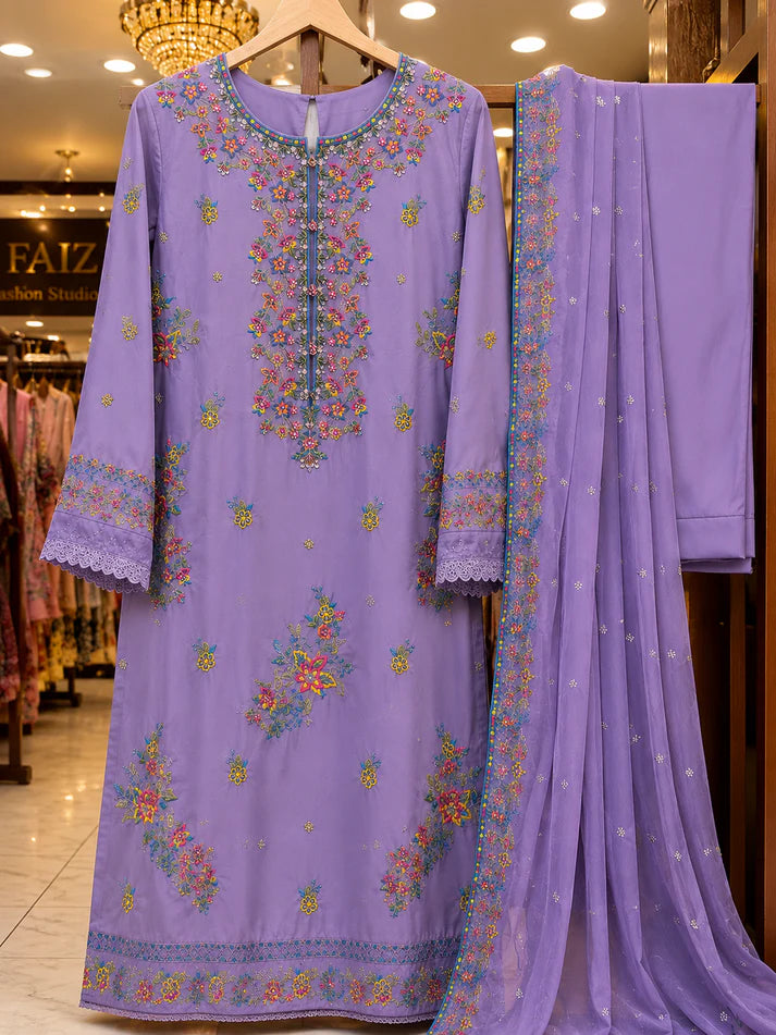 Lavender Bloom Luxe – Premium Embroidered 3 Piece Stitched Suit for Women | Luxury Festive & Eid Wear