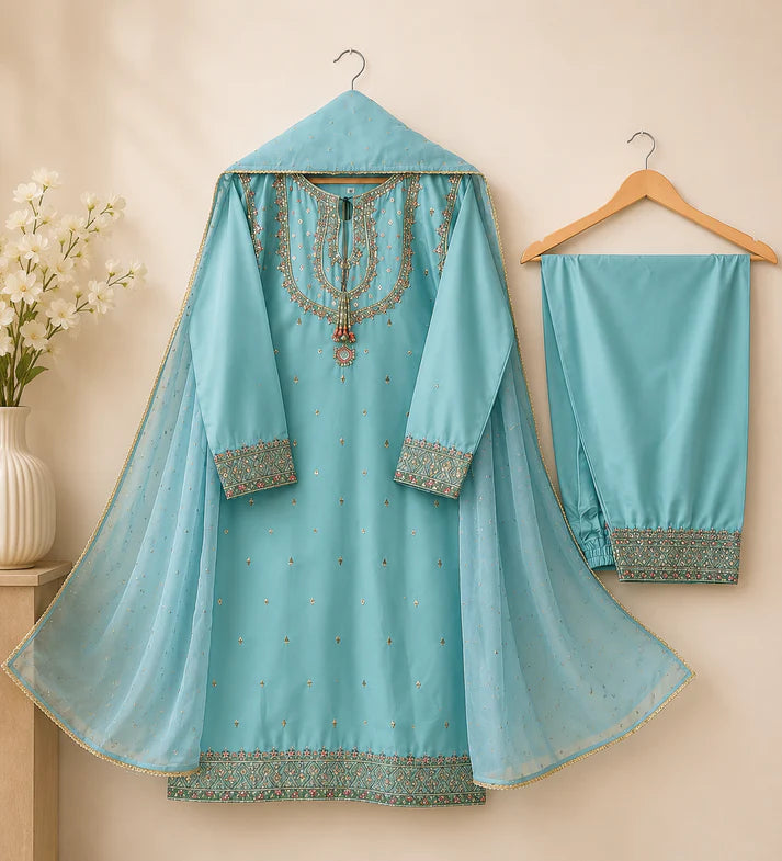 Elegant Sky Blue 3-Piece Embroidered Suit